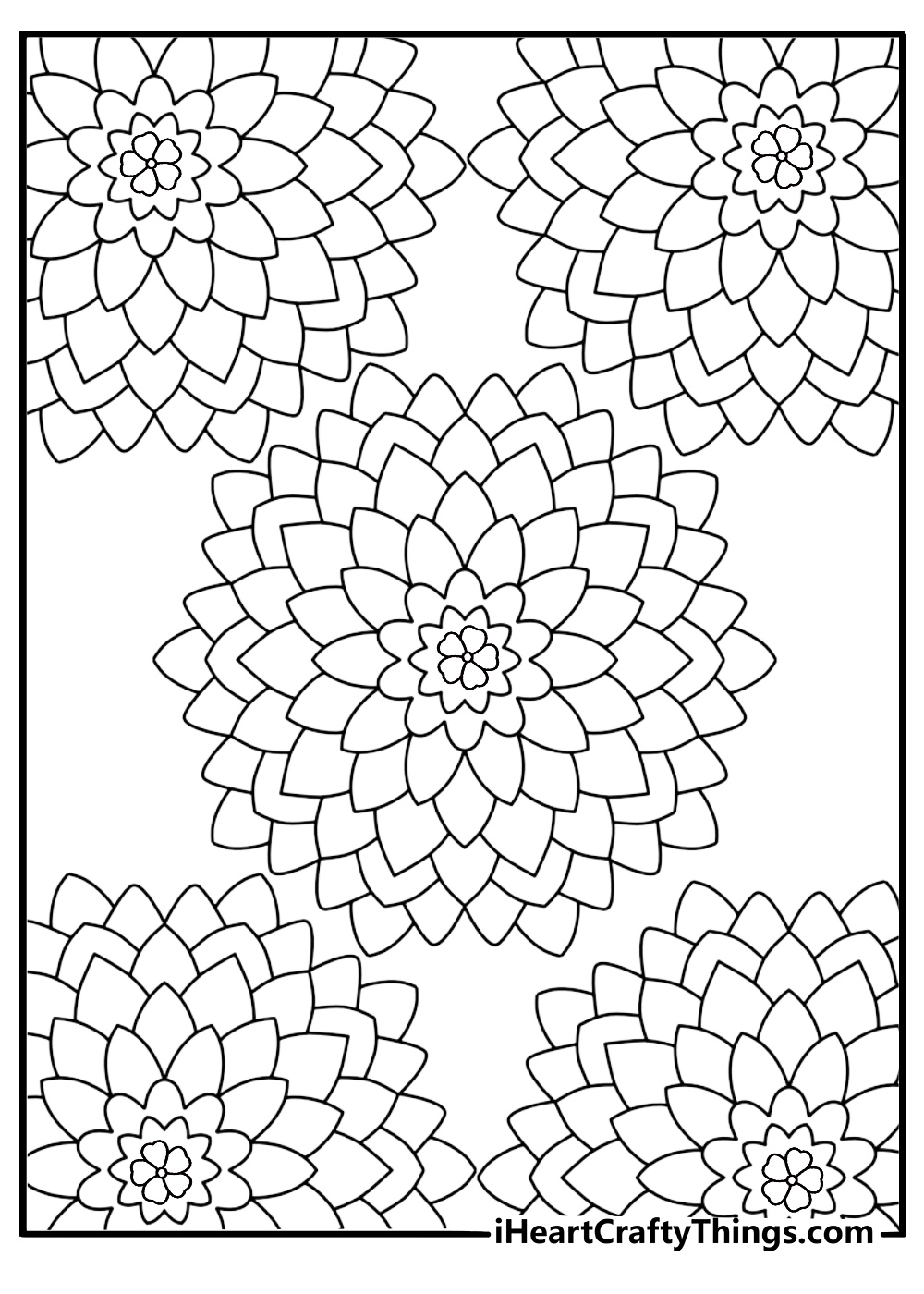 Intricate floral mandala with various flowers coloring sheet