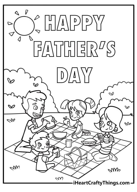 June Happy Fathers Day coloring page with sunny backyard picnic scene