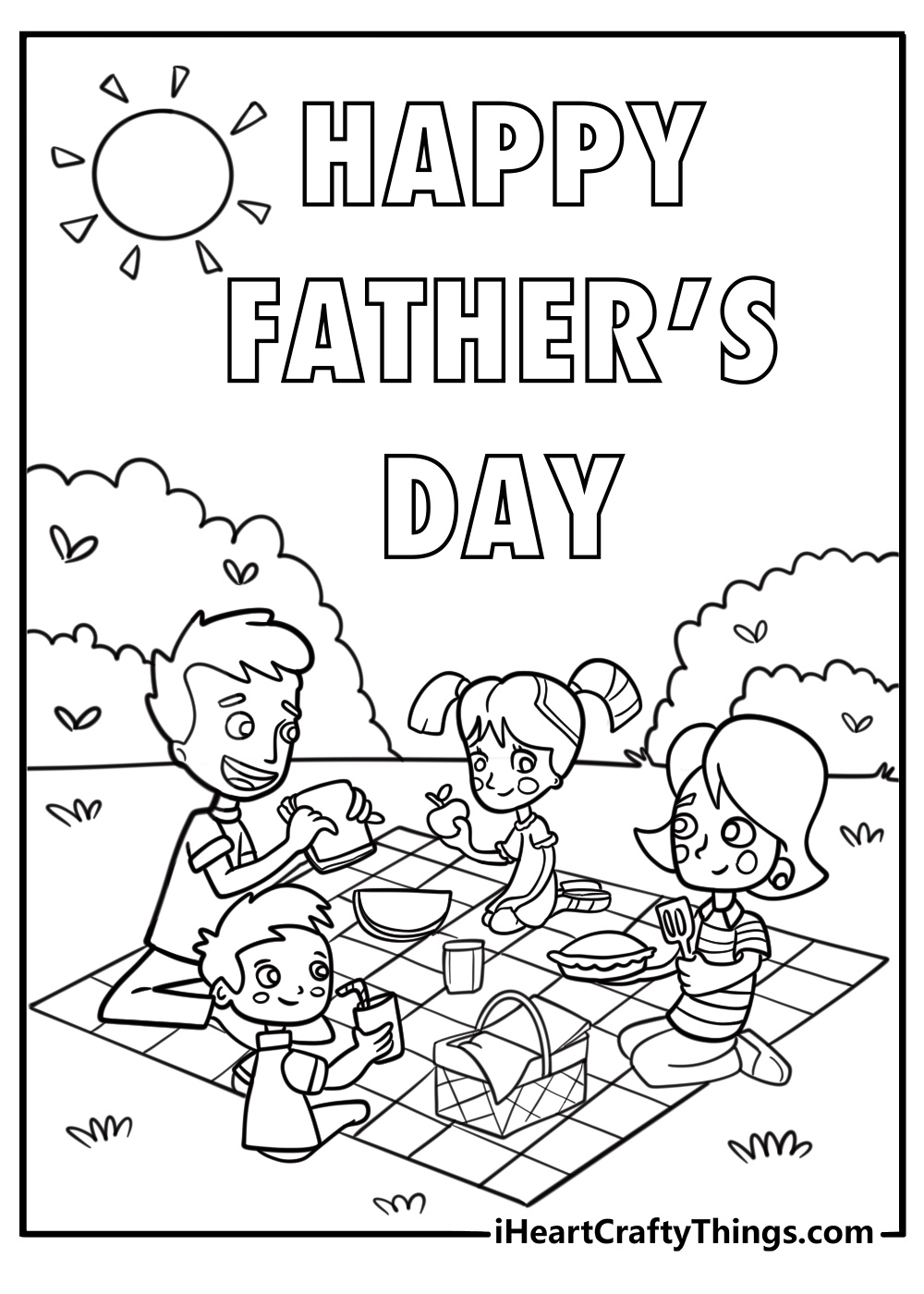June Happy Fathers Day coloring page with sunny backyard picnic scene