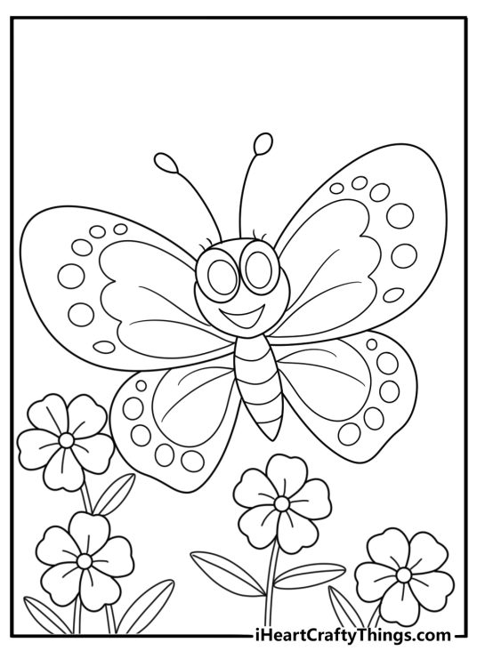 Kawaii cute butterfly with big eyes and flowers for kids coloring sheet
