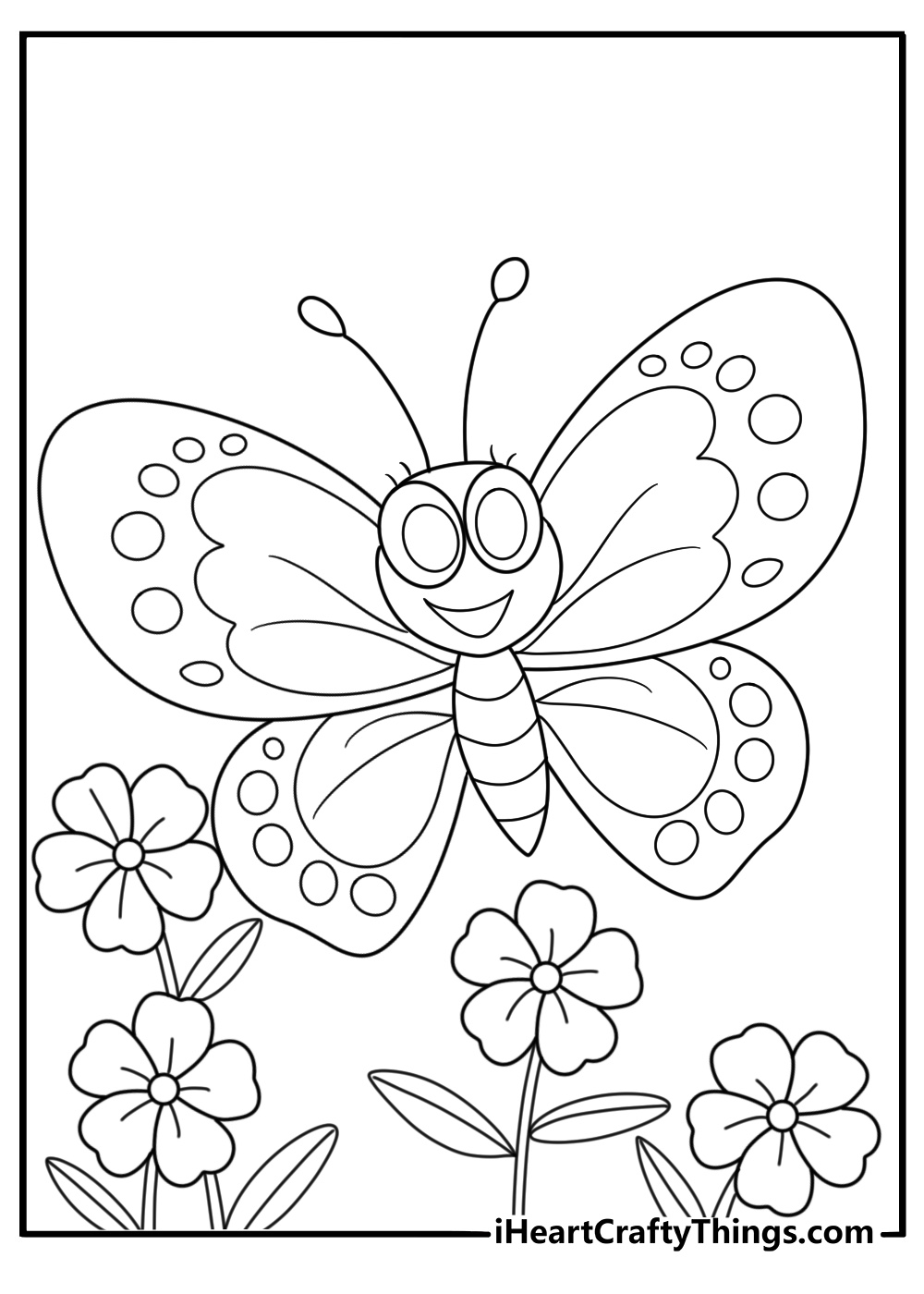Kawaii cute butterfly with big eyes and flowers for kids coloring sheet