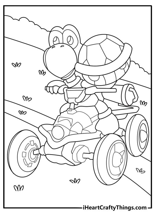 Koopa Troopa aiming a green shell beside his kart coloring sheet for kids