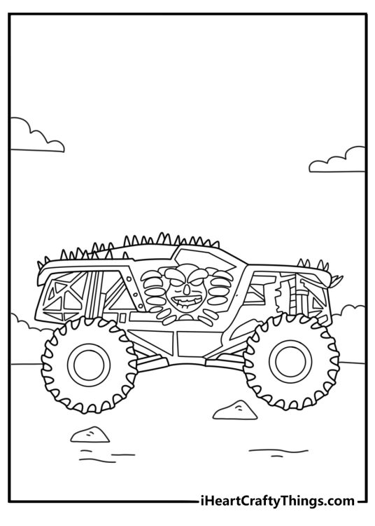 Max d monster truck coloring page with bold flame graphics on arena floor