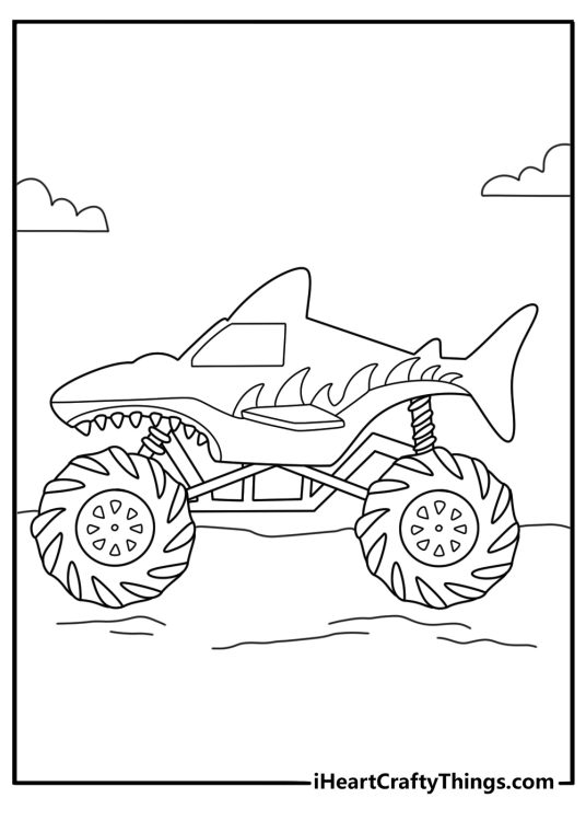 Megalodon monster truck coloring page with shark fin on roof racing through mud