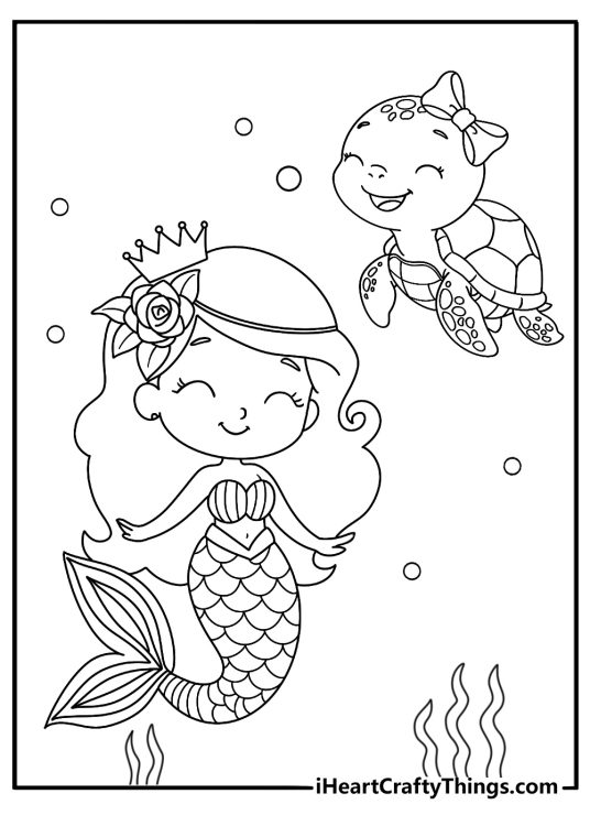 Mermaid coloring page with a mermaid swimming beside a sea turtle