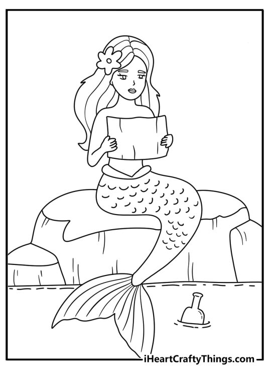Mermaid coloring pages scene with a mermaid reading a message in a bottle