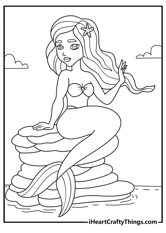 Mermaid coloring printable with a mermaid wearing a starfish hair clip