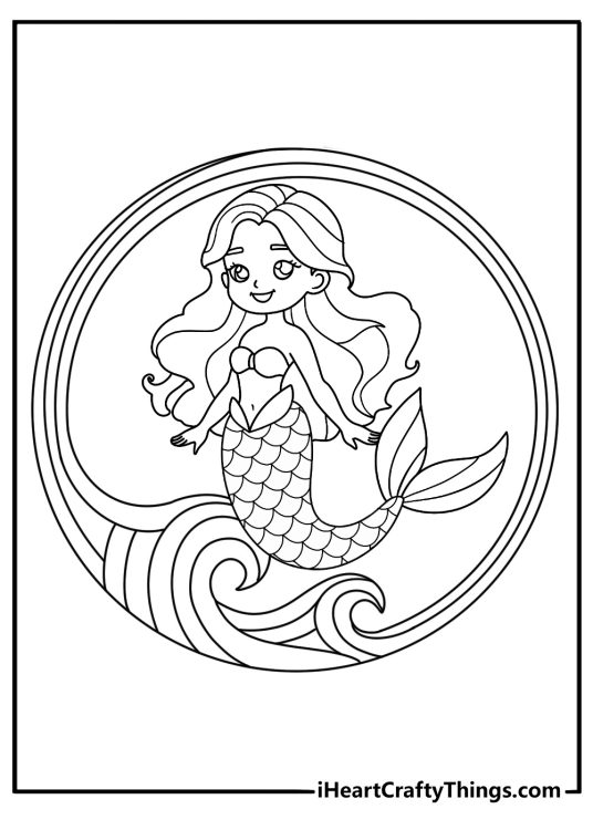 Mermaid coloring sheet for adults with a mermaid inside a mandala wave frame