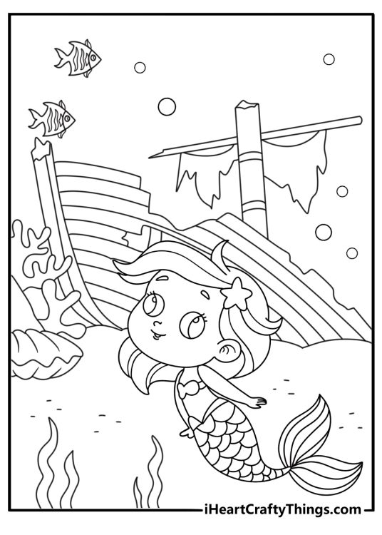 Mermaid coloring sheet with a mermaid exploring a sunken ship