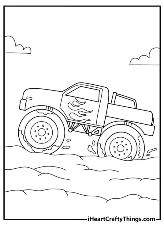 Monster Truck coloring page showing truck driving through deep mud splash