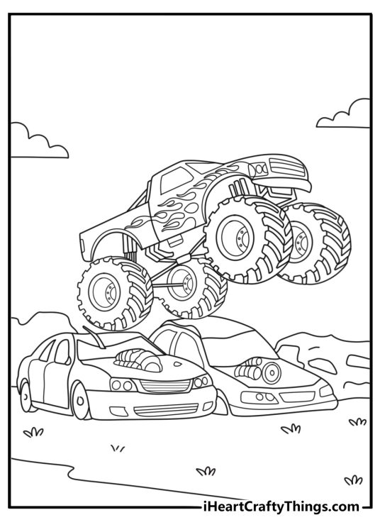 Monster Truck coloring page showing vehicle crushing old cars in a junkyard