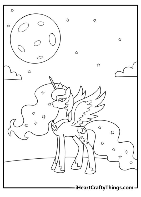 My Little Pony coloring page of Princess Luna bringing the moon into the night sky