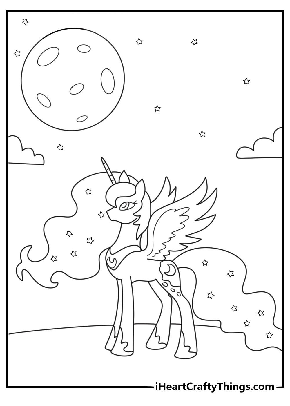 My Little Pony coloring page of Princess Luna bringing the moon into the night sky