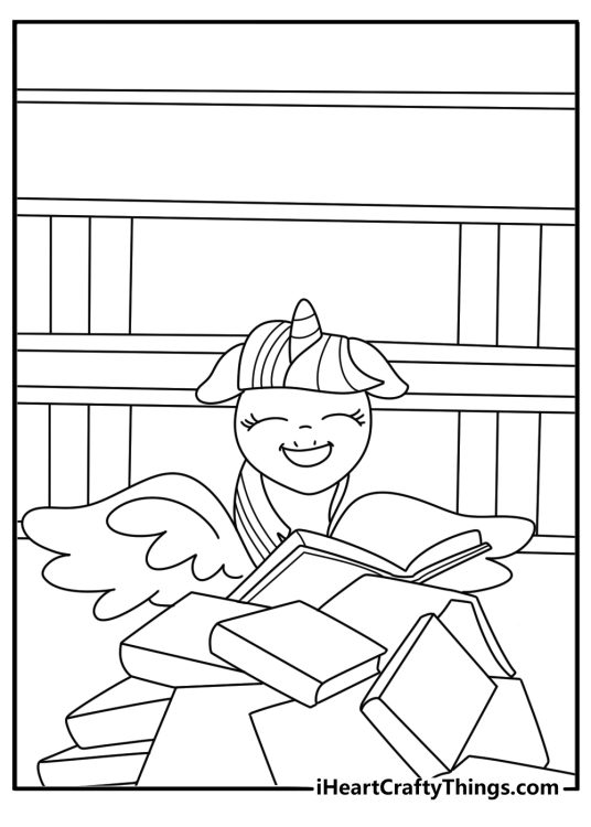 My Little Pony coloring page with Twilight Sparkle reading a magic book in a library