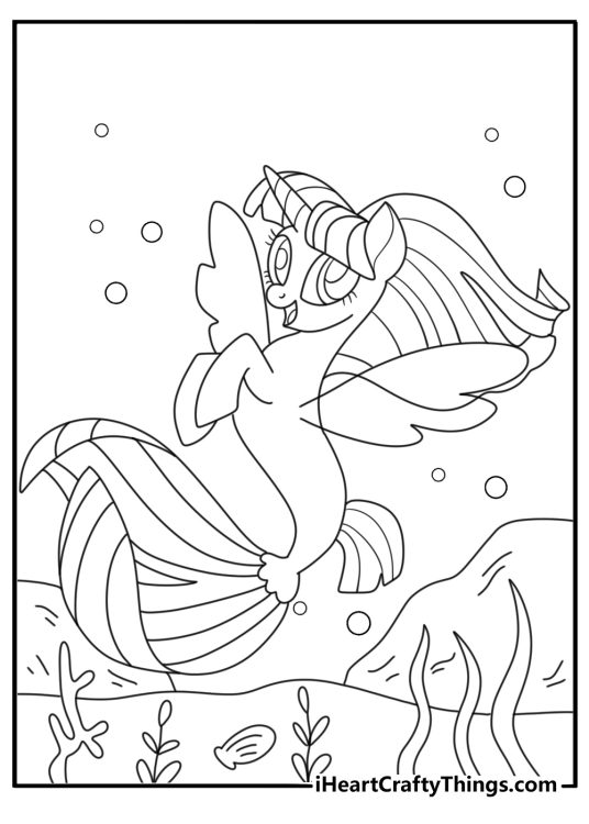 My Little Pony coloring page with a sea pony swimming beside coral and shells