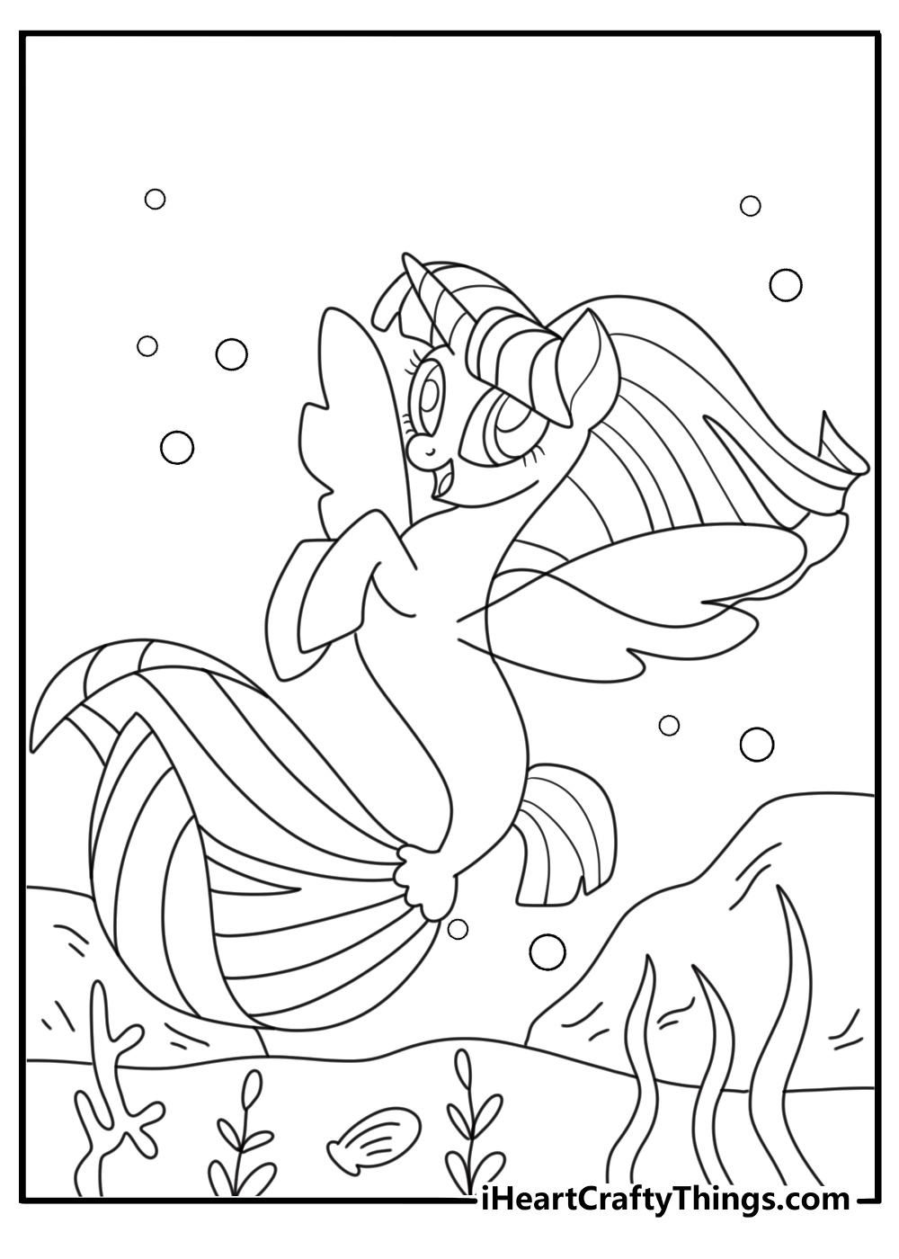 My Little Pony coloring page with a sea pony swimming beside coral and shells