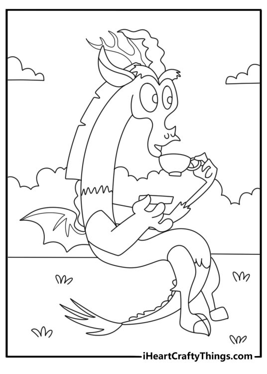 My Little Pony coloring pages scene with Discord floating teacups in a strange garden