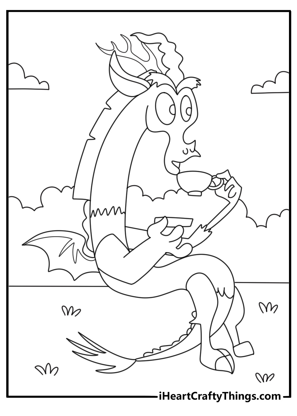 My Little Pony coloring pages scene with Discord floating teacups in a strange garden