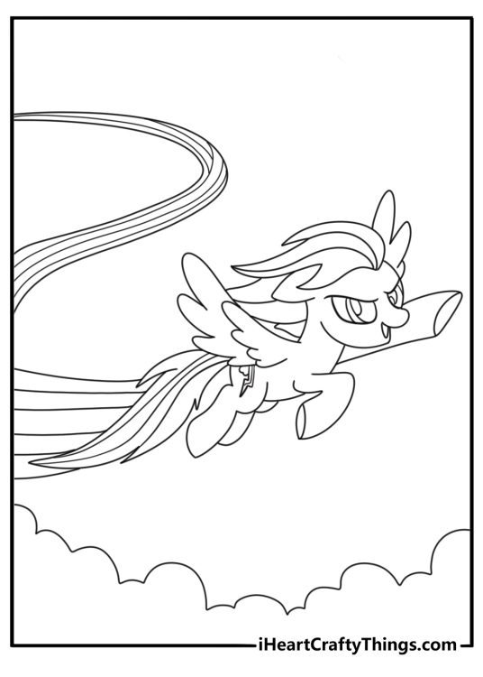My Little Pony coloring sheet of Rainbow Dash racing through the sky with a lightning trail