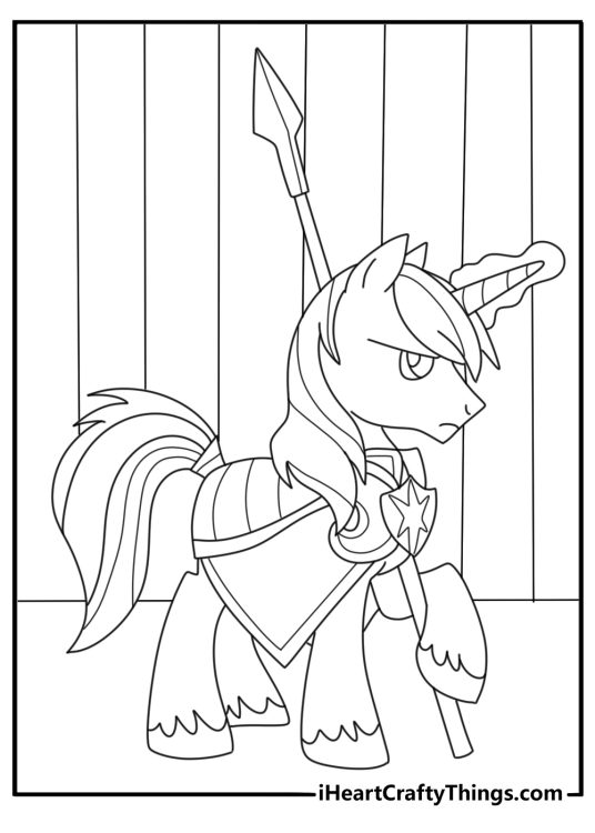 My Little Pony coloring sheet with Shining Armor guarding castle gates with a shield spell
