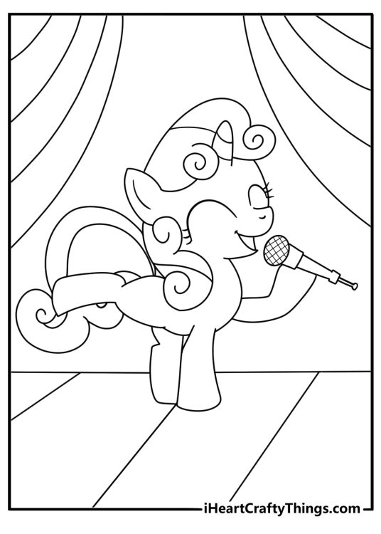 My Little Pony coloring sheet with Sweetie Belle singing into a microphone on stage