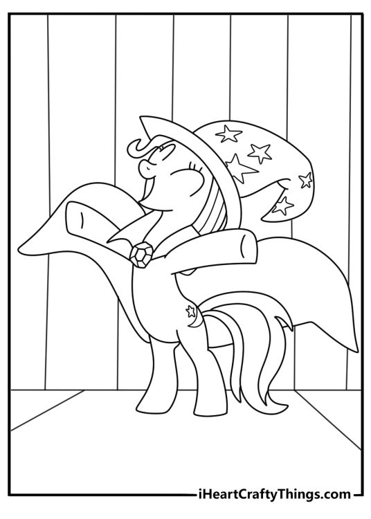 My Little Pony printable page of Trixie performing stage magic with a cape and hat