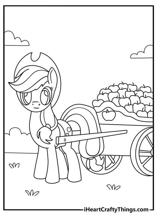 My Little Pony printable with Applejack pulling a wagon full of fresh apples