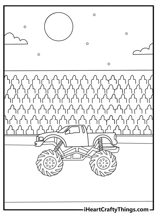 Night stadium scene Monster Truck coloring sheet with ramps and crowd stands