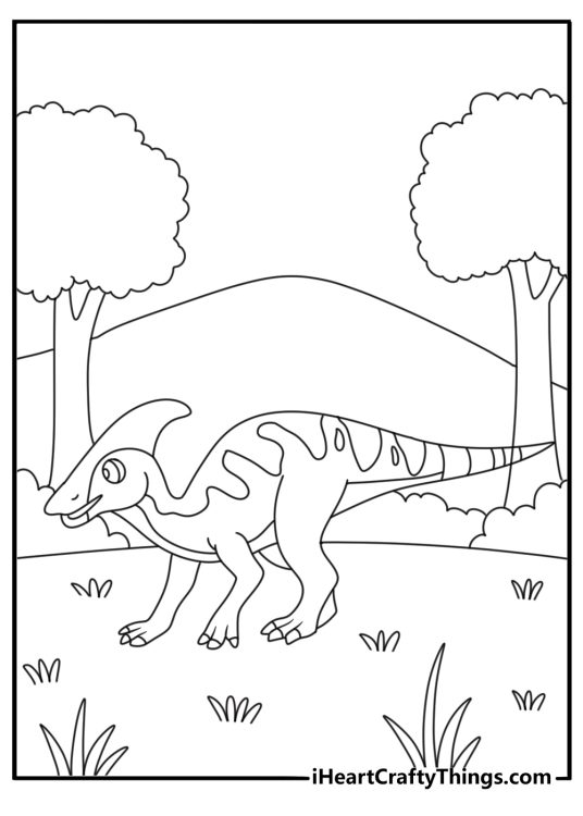 Parasaurolophus dinosaur in the forest coloring page for kids