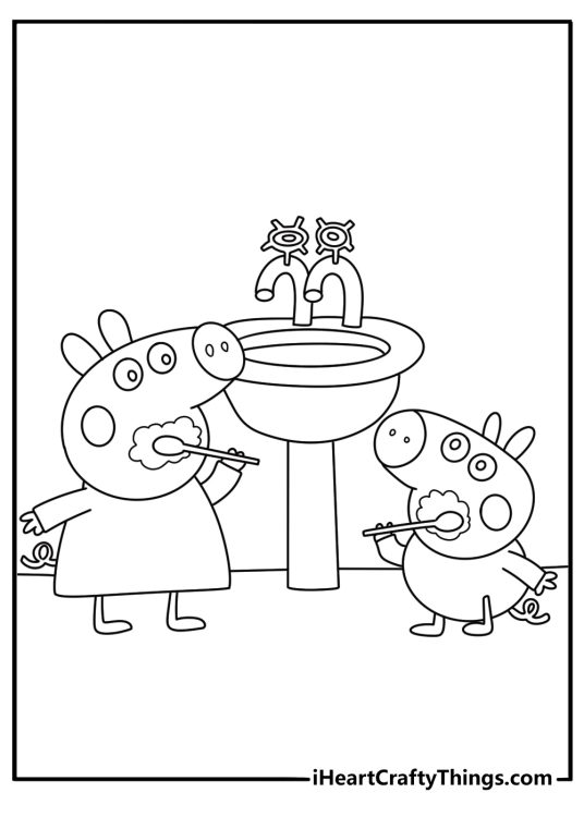 Peppa Pig and George coloring pages with both children brushing teeth at the sink