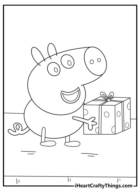 Peppa Pig birthday coloring pages with George opening a wrapped present at a party table