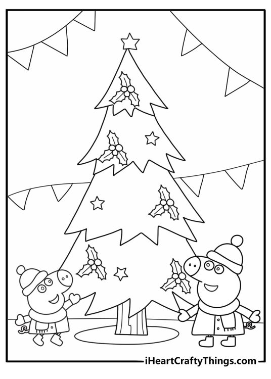 Peppa Pig christmas coloring pages with Peppa and George decorating a tree at home