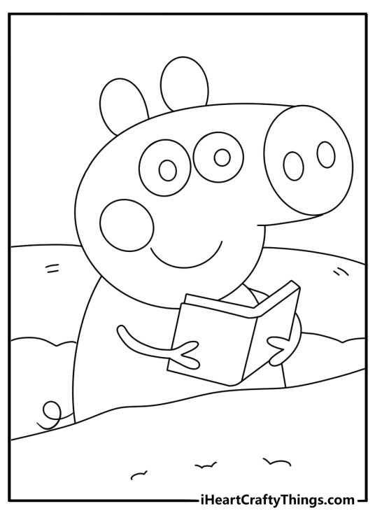Peppa Pig coloring page with Peppa reading a storybook in her bedroom