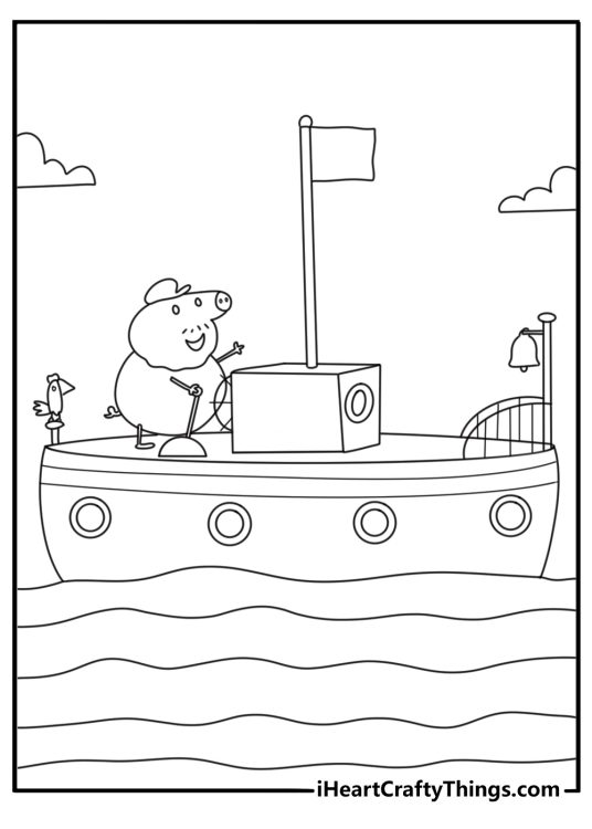 Peppa Pig coloring pages pdf with Grandpa Pig sailing a boat on a pond