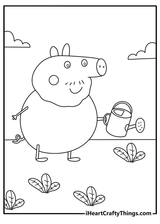 Peppa Pig coloring sheets with Daddy Pig planting vegetables in the garden