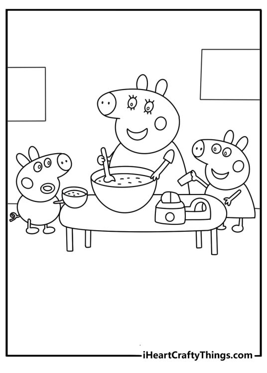 Peppa Pig family coloring pages with Mummy Pig baking cookies in the kitchen