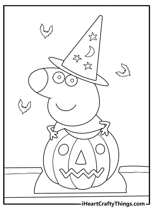 Peppa Pig halloween coloring pages with Peppa dressed as a witch beside a pumpkin
