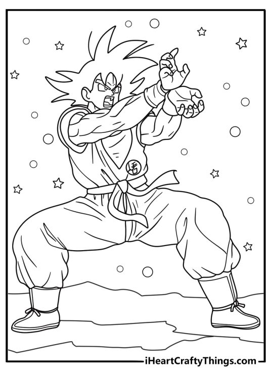 Picture to color of a Goku posing with clenched fists and legs spread wide surrounded by stars and circles