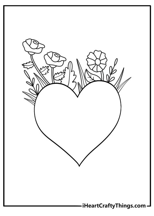 Poster featuring big heart in the centre decorated with various flowers and plants designs all around it