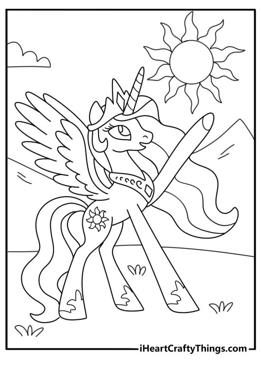 Princess Celestia my little pony coloring page with the ruler raising the sun over hills