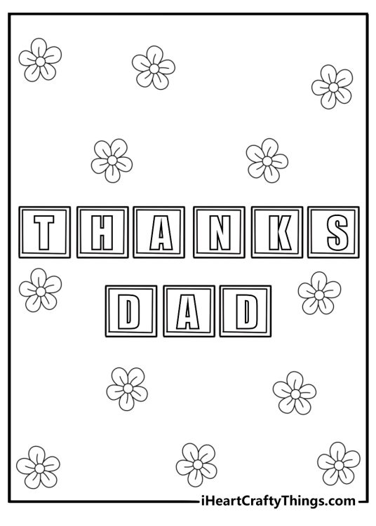 Printable Fathers Day coloring page with Thanks Dad spelled in toy blocks