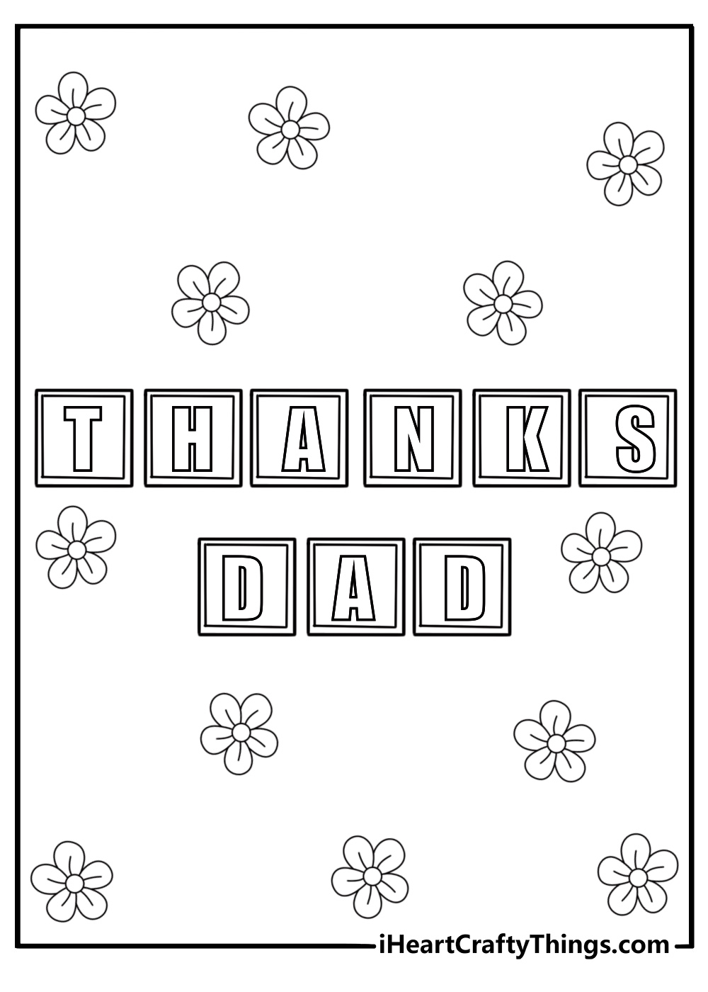 Printable Fathers Day coloring page with Thanks Dad spelled in toy blocks