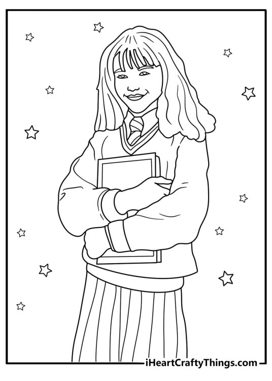 Printable Harry Potter coloring sheet featuring Hermione Granger holding a book surrounded by stars