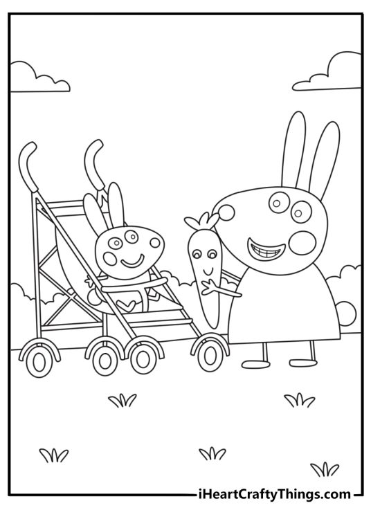 Printable Peppa Pig friends coloring pages with Rebecca Rabbit and Richard Rabbit riding in a wagon