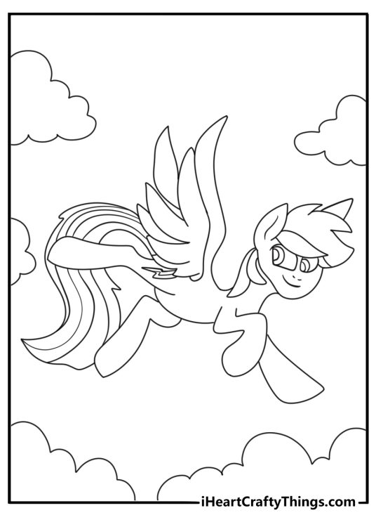 Printable Rainbow Dash coloring page with a pegasus pony doing a fast cloud kick