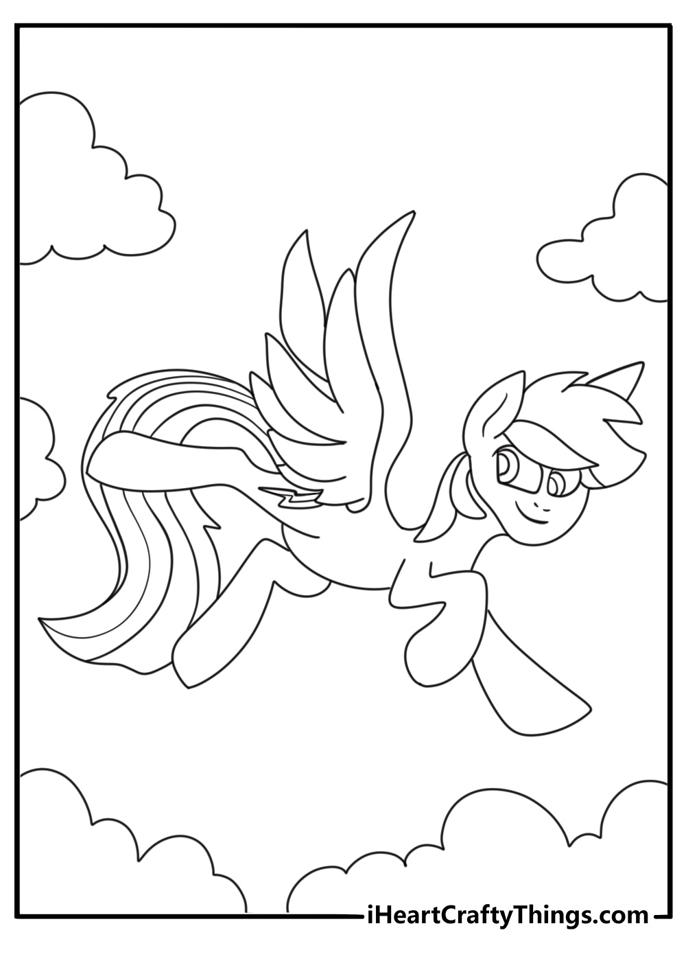 Printable Rainbow Dash coloring page with a pegasus pony doing a fast cloud kick
