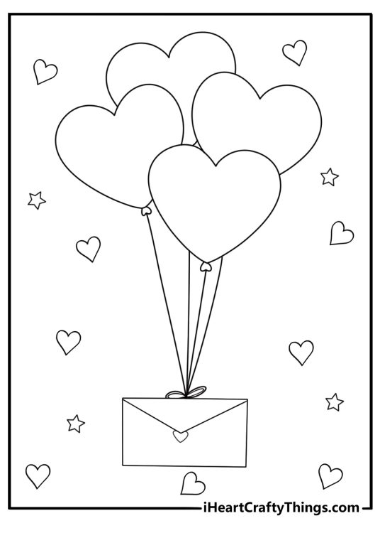 Printable card featuring several heart shaped balloons attached to letter with stars and heart