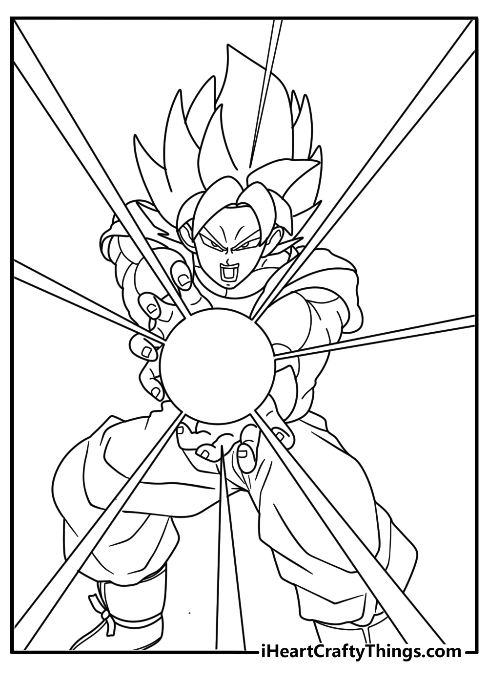Printable coloring drawing featuring intensive Goku in action releasing Kamehameha