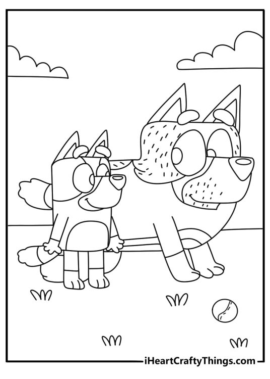 Printable coloring image featuring Bluey and her dad having fun outdoors on a cloudy day