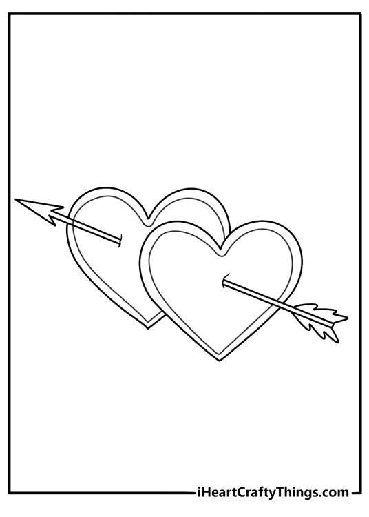 Printable coloring image for children featuring heart made up of lots of layers pierced with arrow